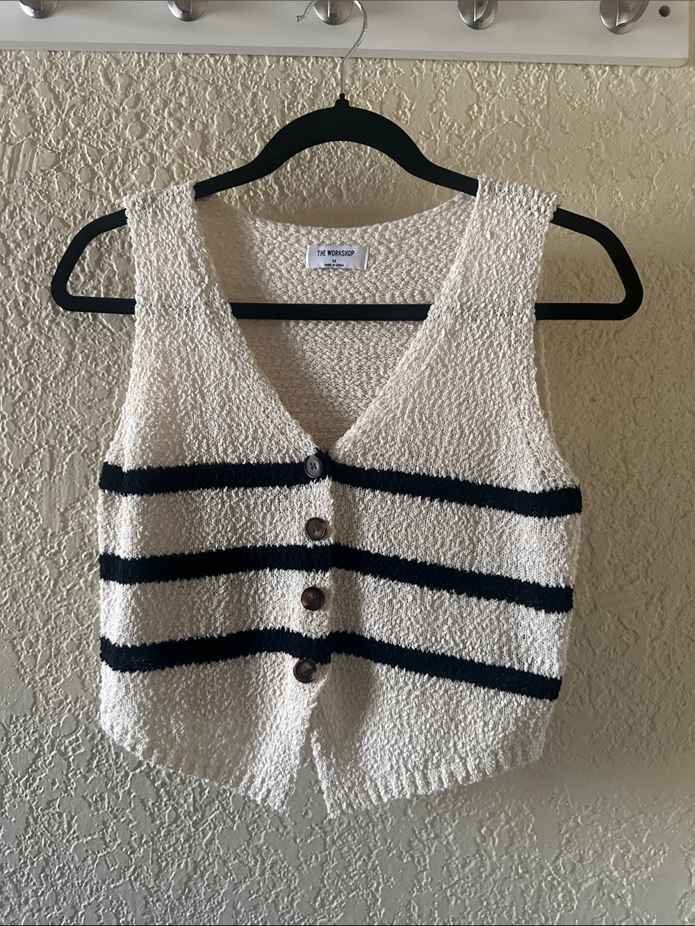 The Workshop Clothing White and Black Striped V-Neck Knit Vest